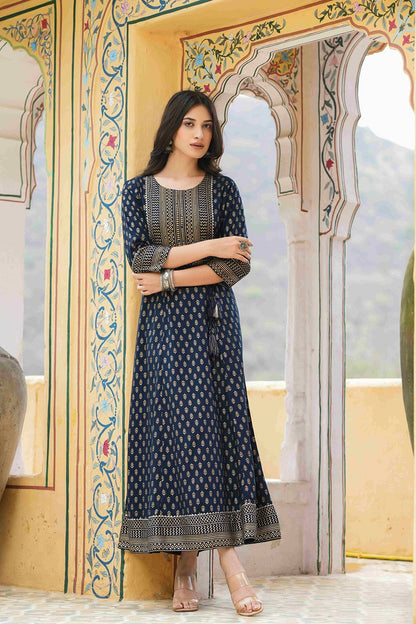 Women's  Navy Rayon Festive Wear Foil Printed A-Line Long Dress