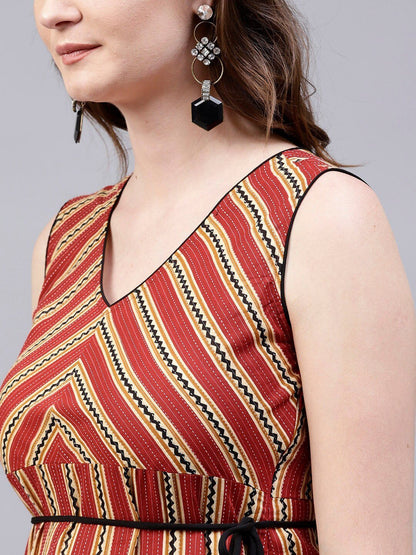 Women's  Rust Red & Beige Striped Empire Dress