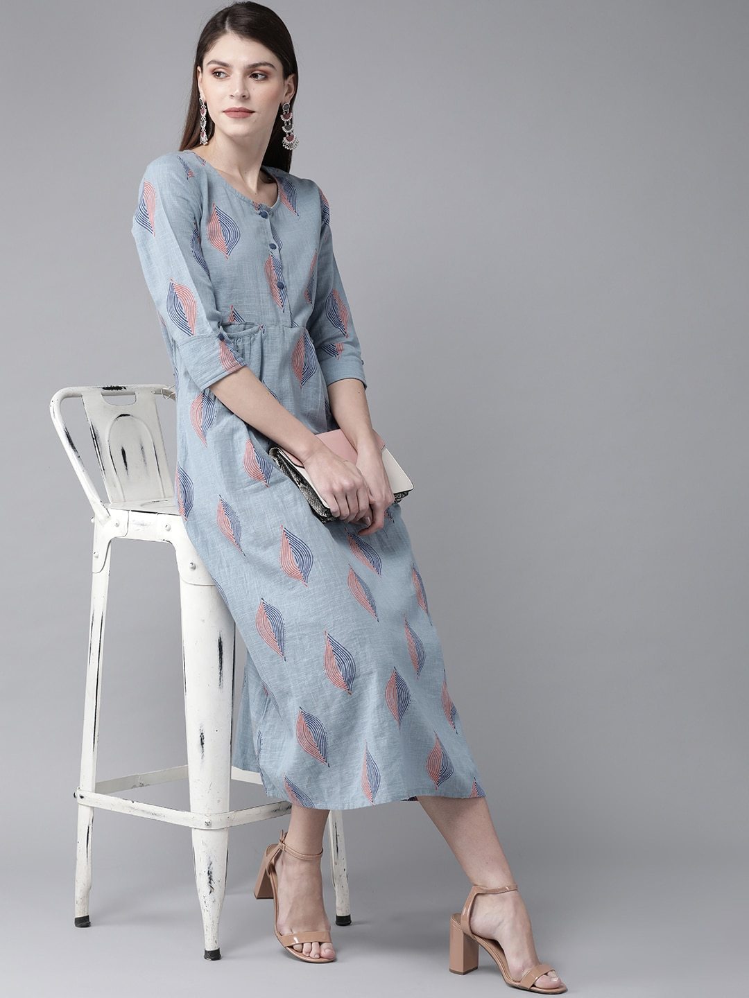 Women's  Blue & Orange Printed A-Line Dress