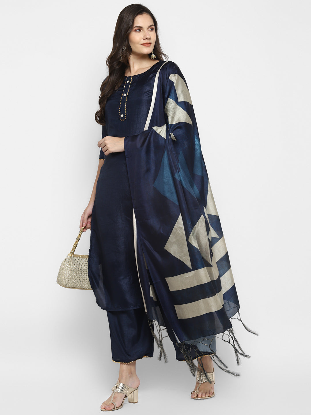 Women's Navy Blue Color Silk Blend Straight Kurta Palazzo With Dupatta