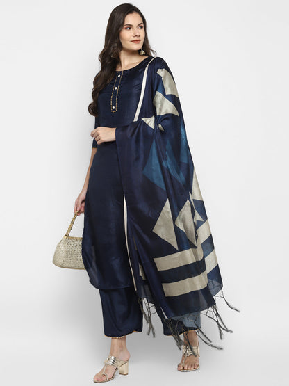 Women's Navy Blue Color Silk Blend Straight Kurta Palazzo With Dupatta