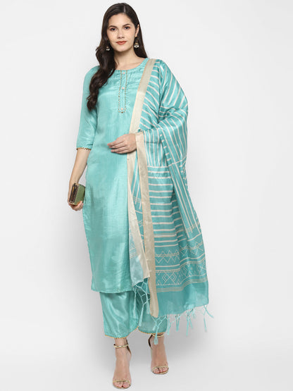 Women's Rama Color Silk Blend Straight Kurta Palazzo With Dupatta