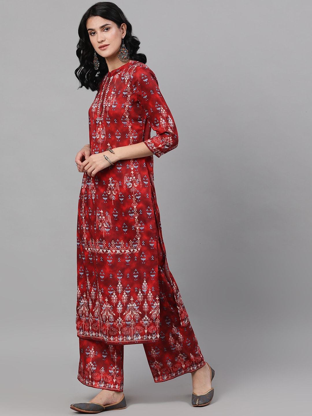 Women's  Red & Beige Printed Kurta with Palazzos