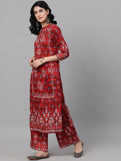 Women's  Red & Beige Printed Kurta with Palazzos