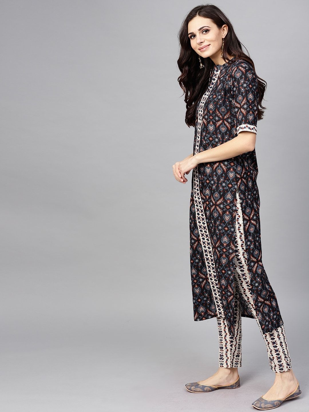 Women's  Black & Off-White Printed Kurta with Trousers & Dupatta