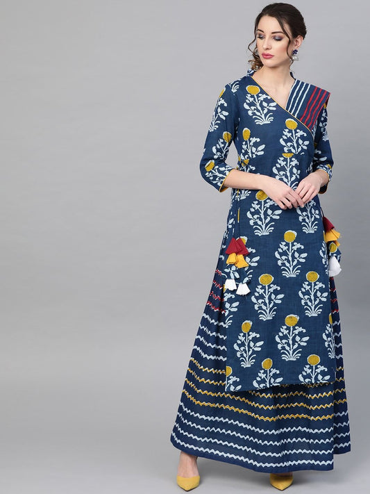 Women's  Navy Blue Printed Kurta with Skirt & Attached Dupatta