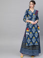 Women's  Navy Blue Printed Kurta with Skirt & Attached Dupatta