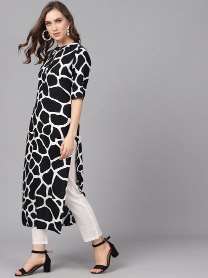 Women's  Black & White Printed Straight Kurta