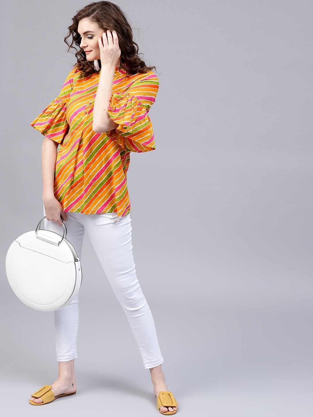 Women's Mustard Yellow & Green Leheriya Print Tunic