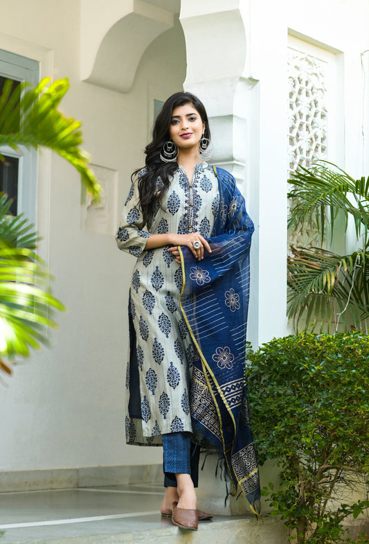 Women's Grey & Navy Blue Handblock Printed Dupatta Set