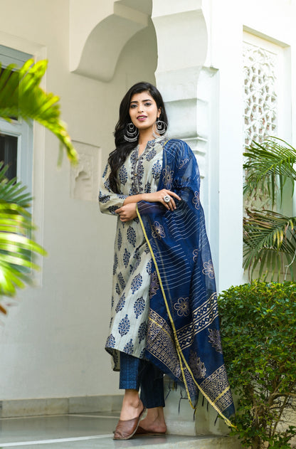 Women's Grey & Navy Blue Handblock Printed Dupatta Set
