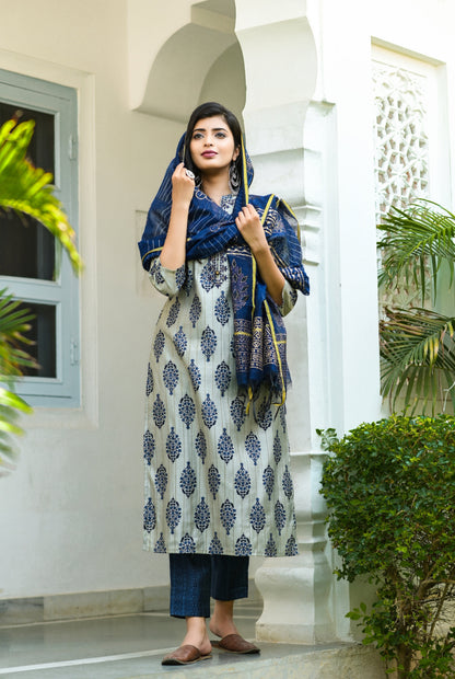 Women's Grey & Navy Blue Handblock Printed Dupatta Set