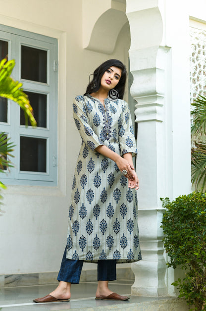 Women's Grey & Navy Blue Handblock Printed Dupatta Set