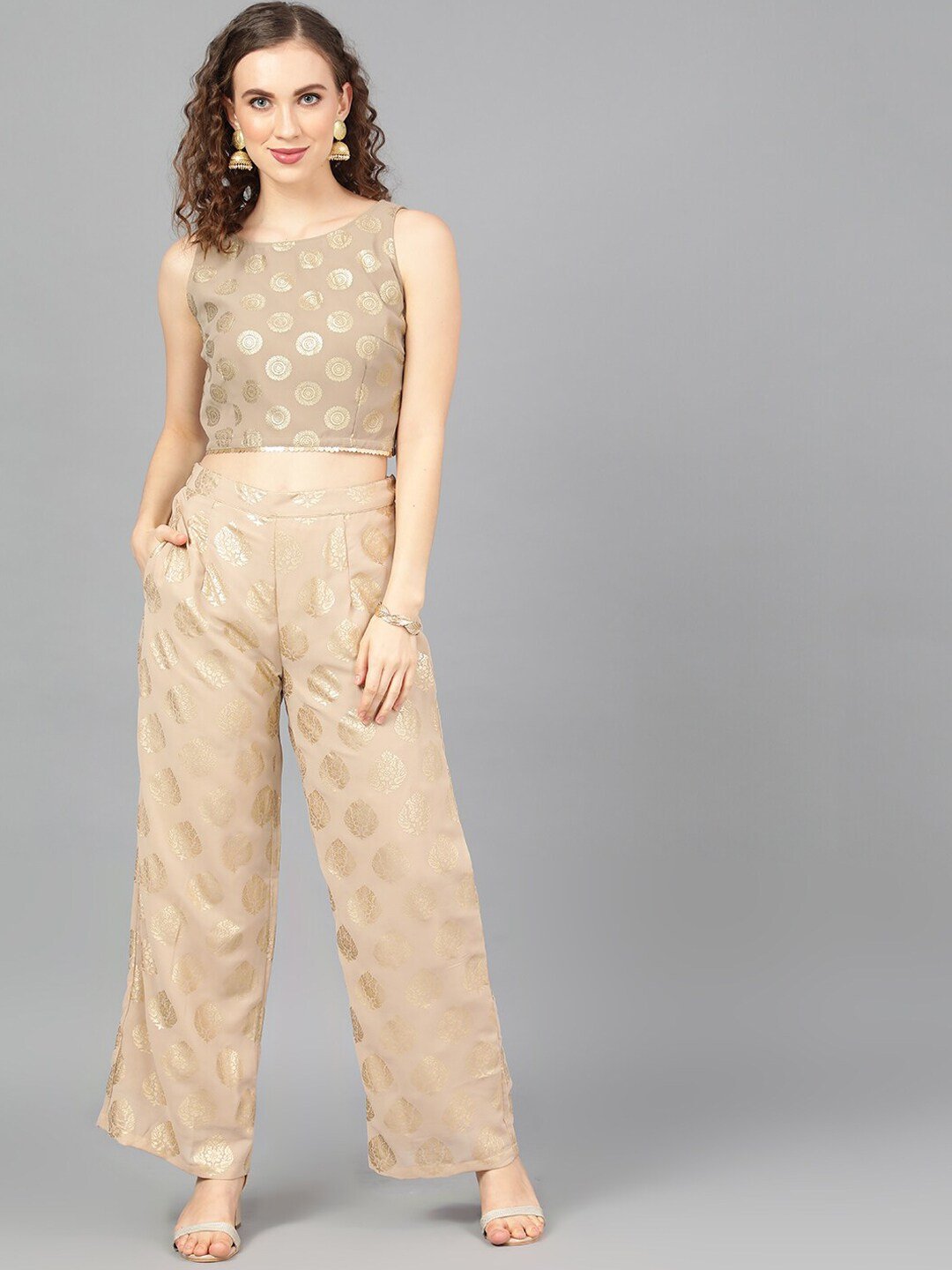 Women's  Beige & Gold-Toned Printed Wide Leg Palazzos