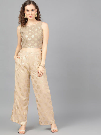 Women's  Beige & Gold-Toned Printed Wide Leg Palazzos