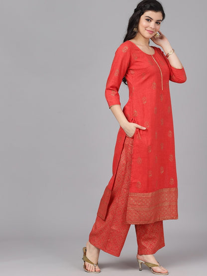 Women's  Red & Gold-Toned Printed Kurta with Palazzos