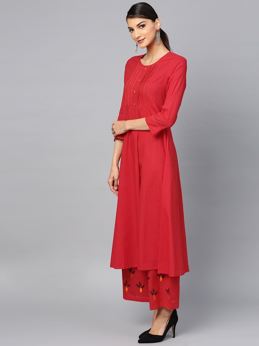 Women's  Red & White Yoke Design Kurta with Palazzos & Dupatta