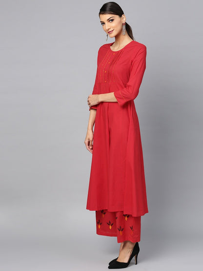 Women's  Red & White Yoke Design Kurta with Palazzos & Dupatta