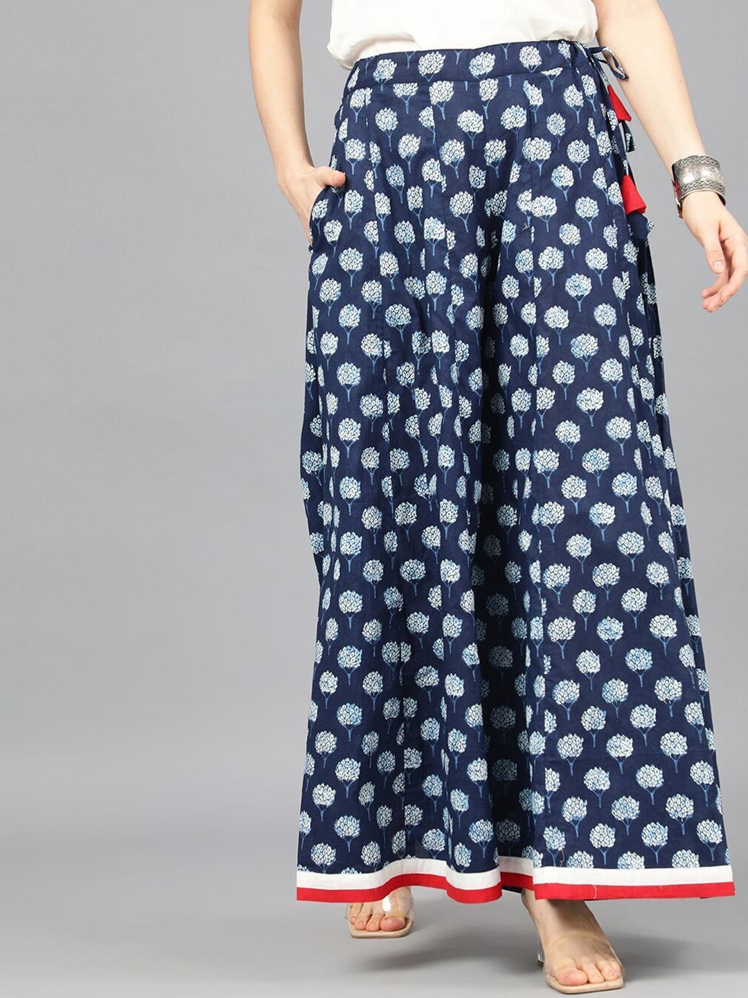 Women's  Blue & White Printed Flared Palazzos