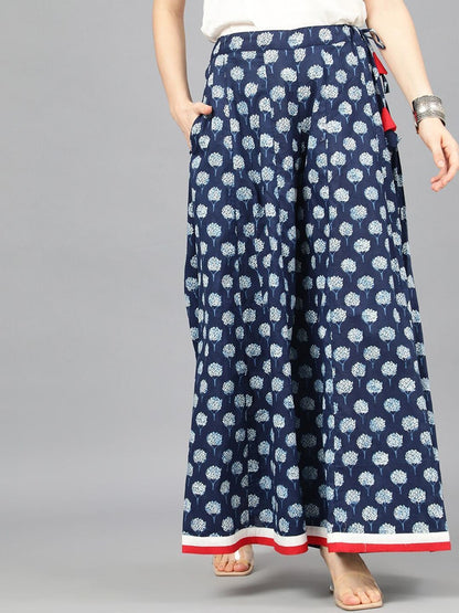 Women's  Blue & White Printed Flared Palazzos
