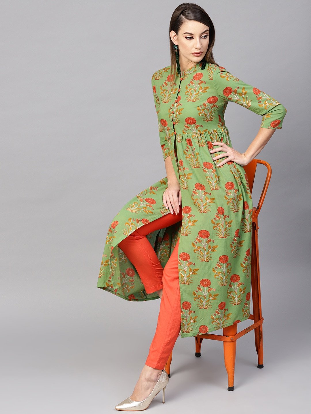 Women's  Green & Orange Printed High-Slit A-Line Kurta
