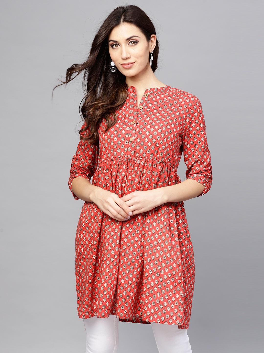 Women's Red & Off-White Printed Tunic