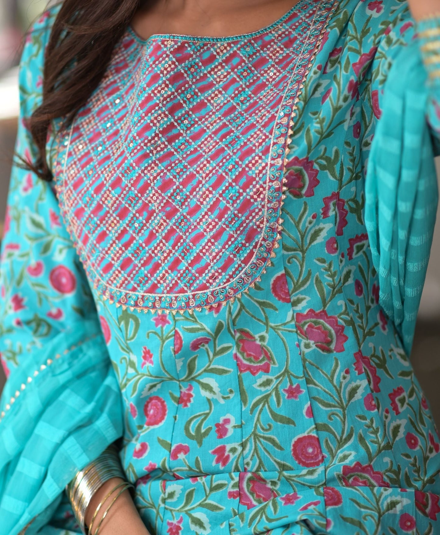 Women's Blue Handblock Dupatta Set