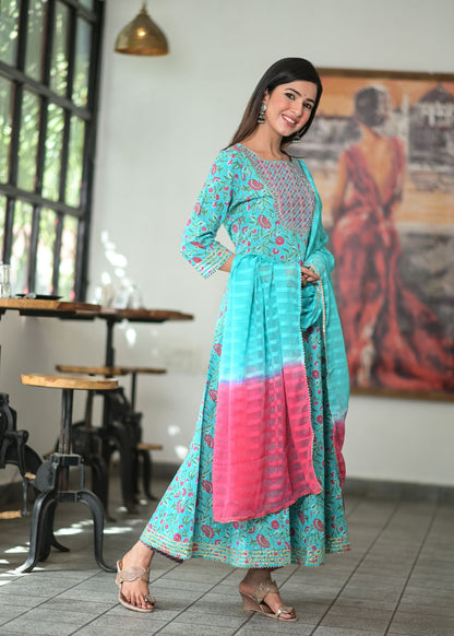 Women's Blue Handblock Dupatta Set