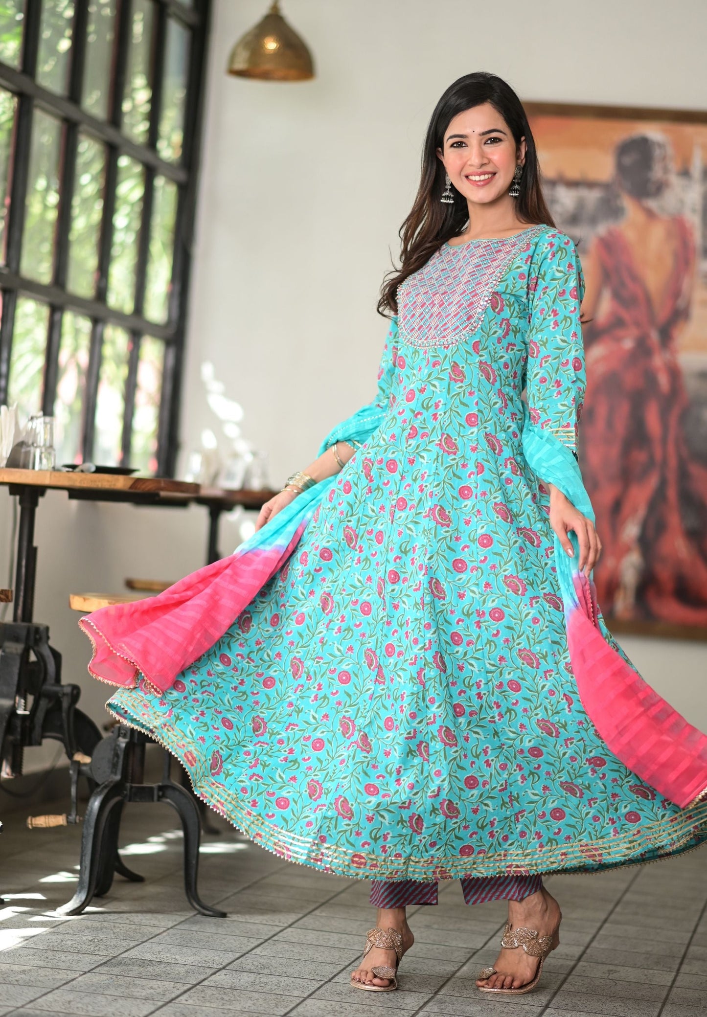 Women's Blue Handblock Dupatta Set
