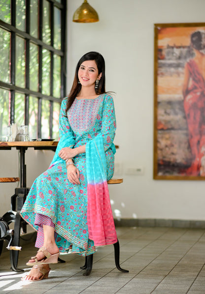 Women's Blue Handblock Dupatta Set