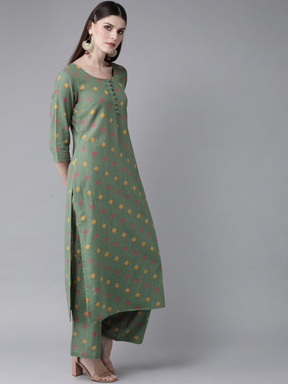 Women's  Green & Pink Printed Kurta with Palazzos