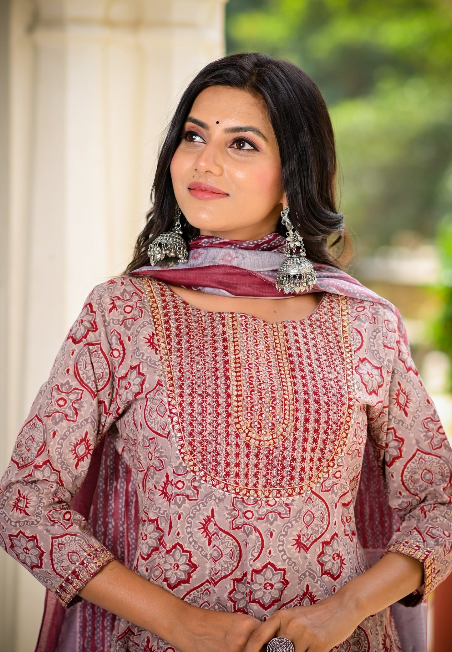 Women's Maroon Handblock Dupatta Set