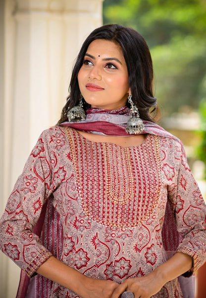 Women's Maroon Handblock Dupatta Set