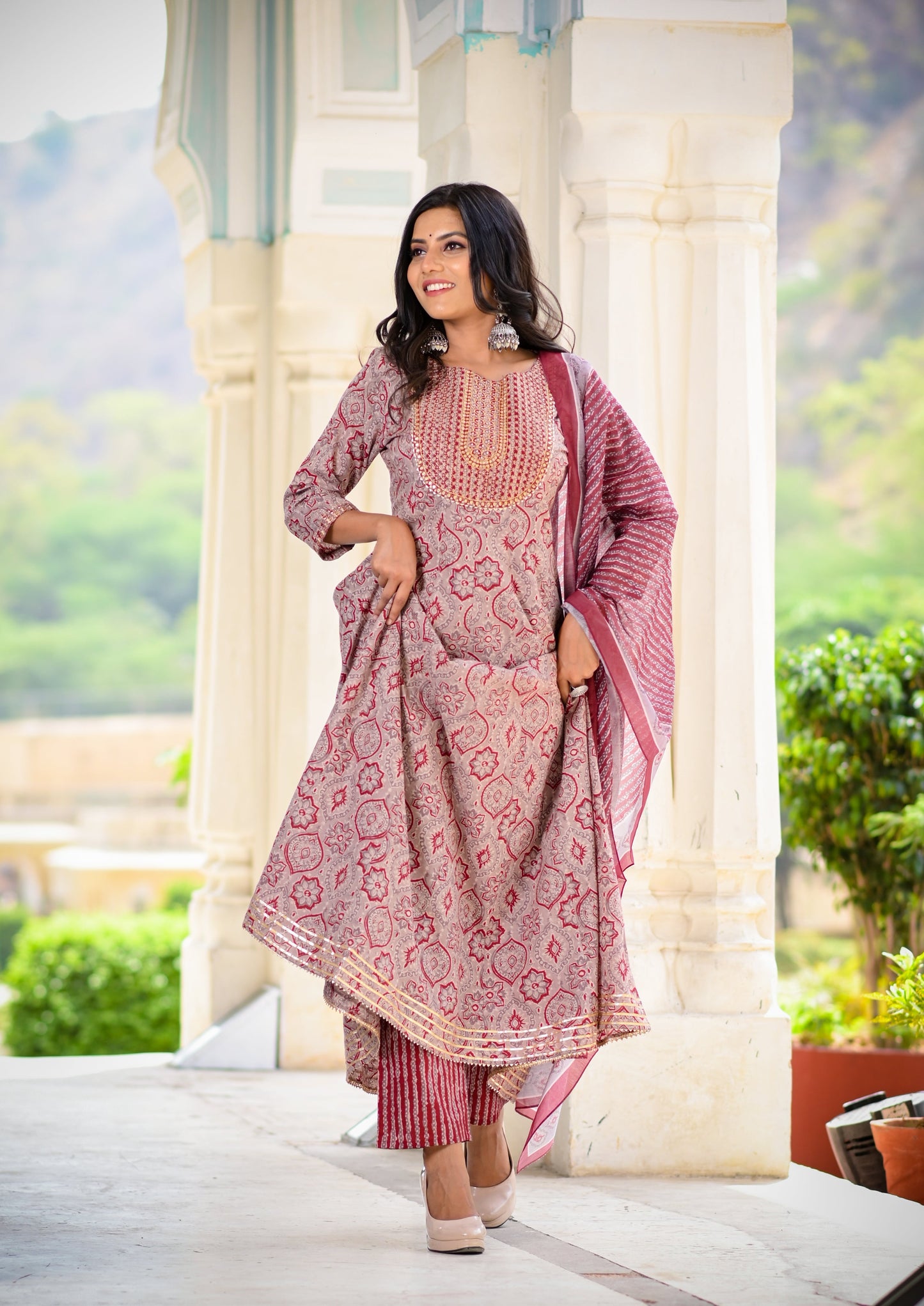 Women's Maroon Handblock Dupatta Set