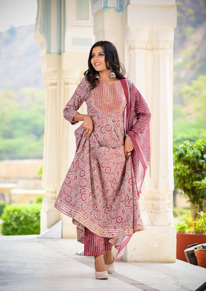 Women's Maroon Handblock Dupatta Set