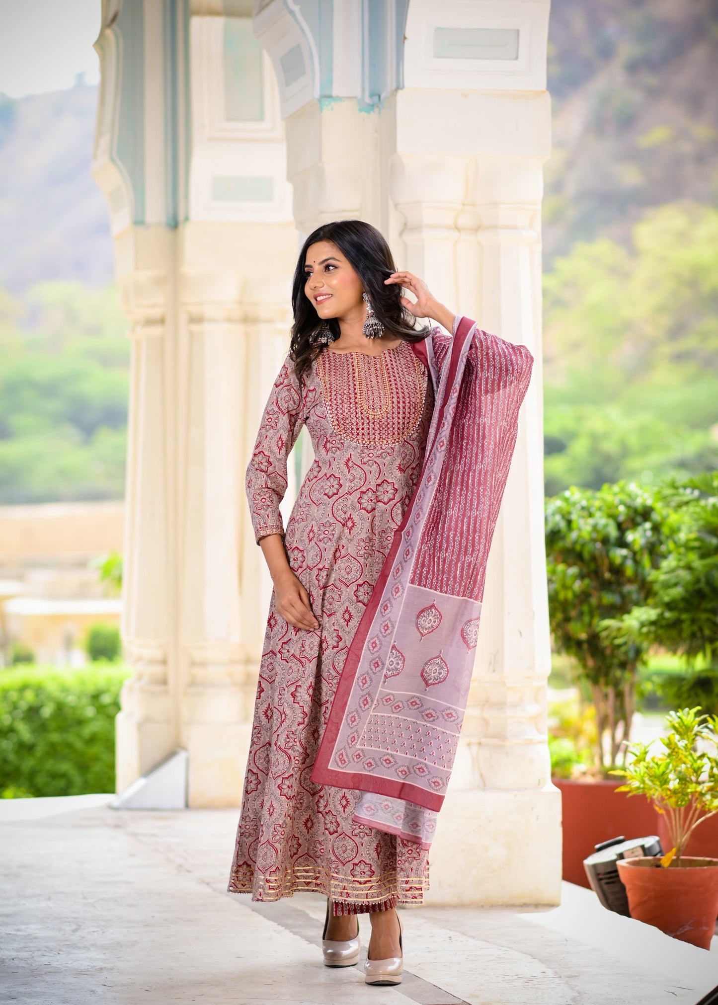 Women's Maroon Handblock Dupatta Set