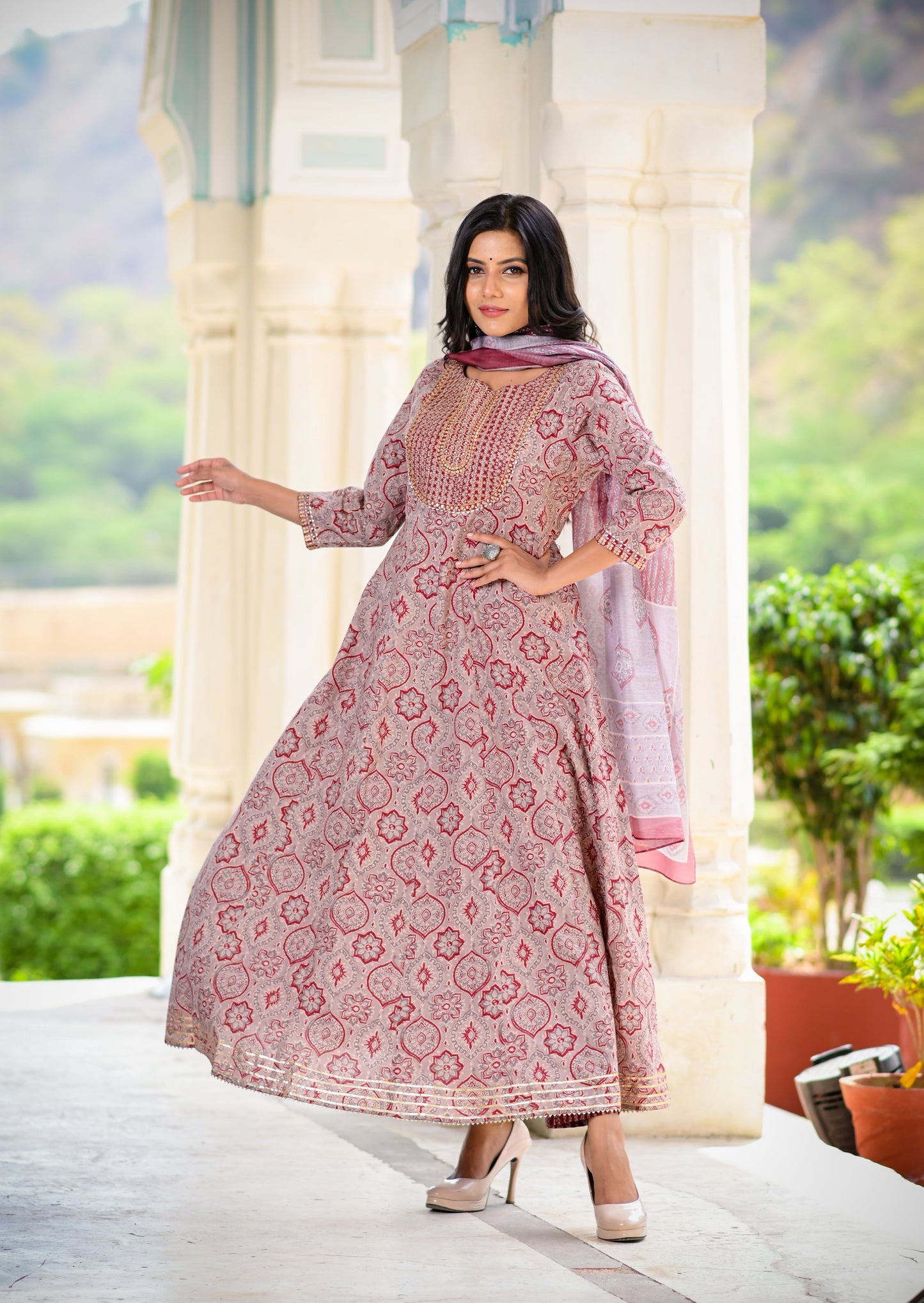 Women's Maroon Handblock Dupatta Set