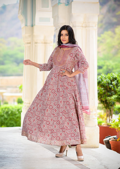 Women's Maroon Handblock Dupatta Set