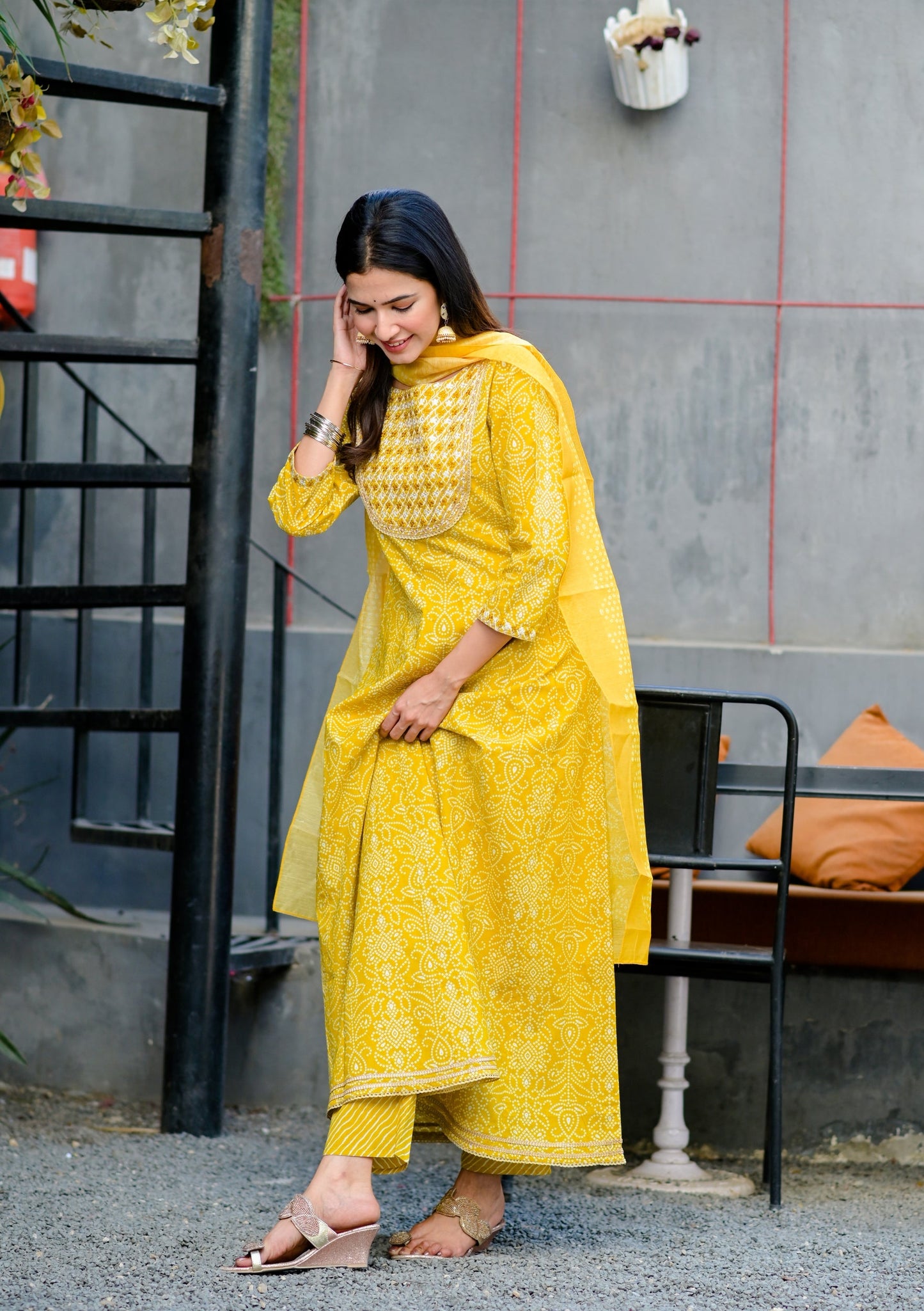 Women's Yellow Handblock Dupatta Set