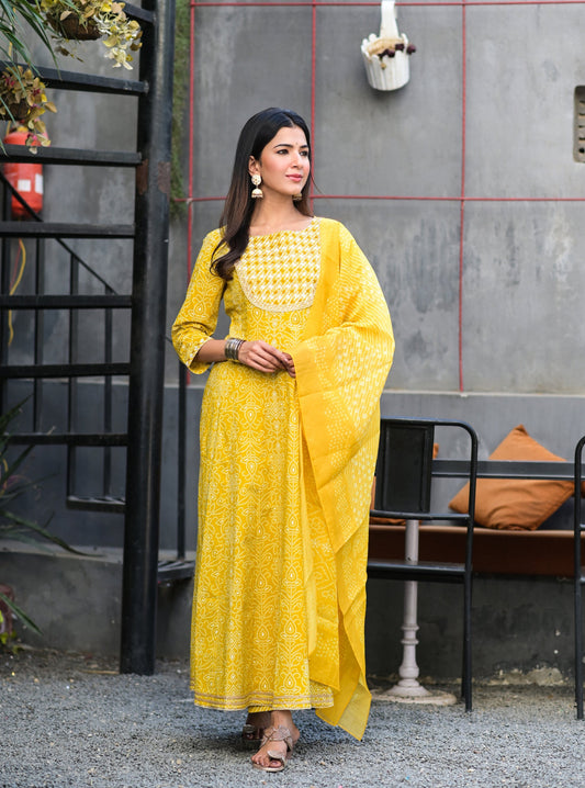 Women's Yellow Handblock Dupatta Set