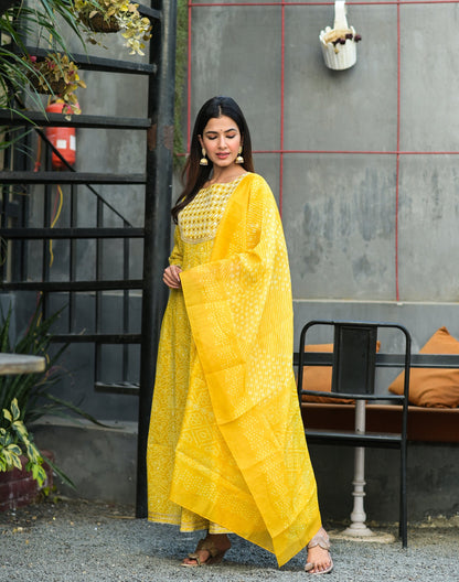 Women's Yellow Handblock Dupatta Set