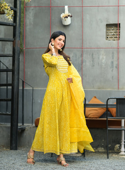 Women's Yellow Handblock Dupatta Set