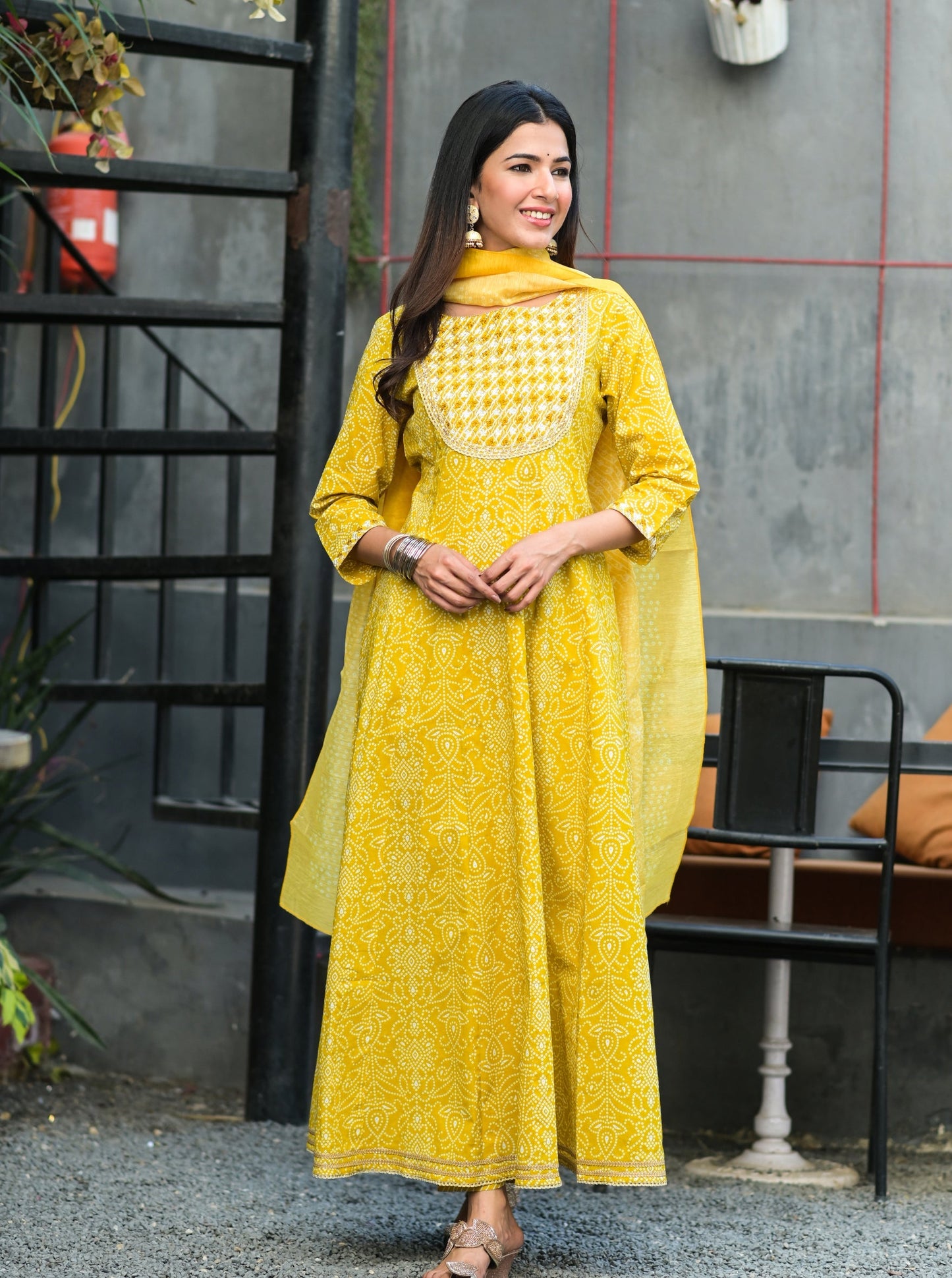 Women's Yellow Handblock Dupatta Set