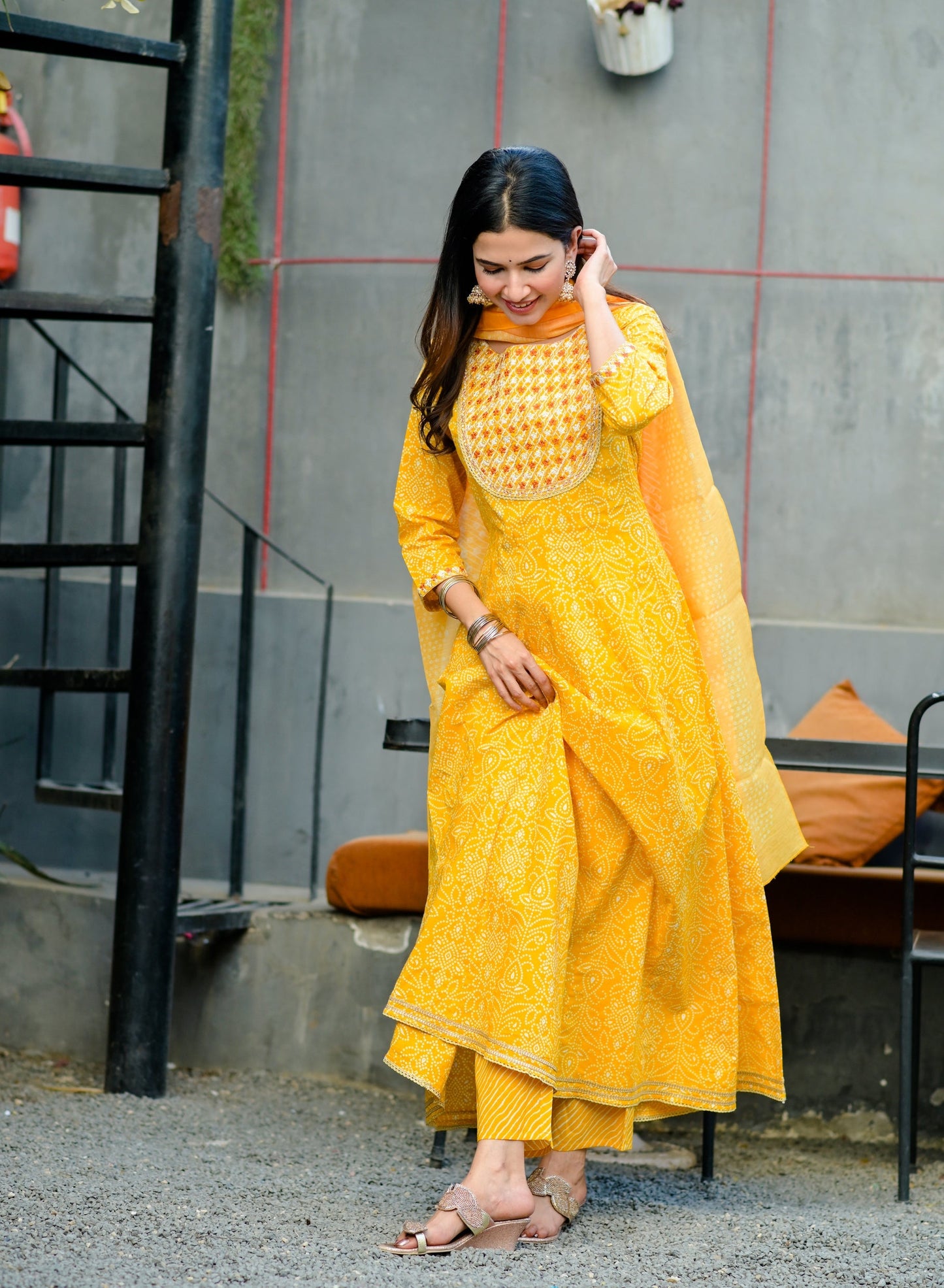 Women's Mustard Handblock Dupatta Set