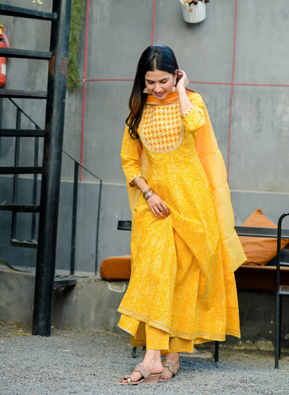 Women's Mustard Handblock Dupatta Set