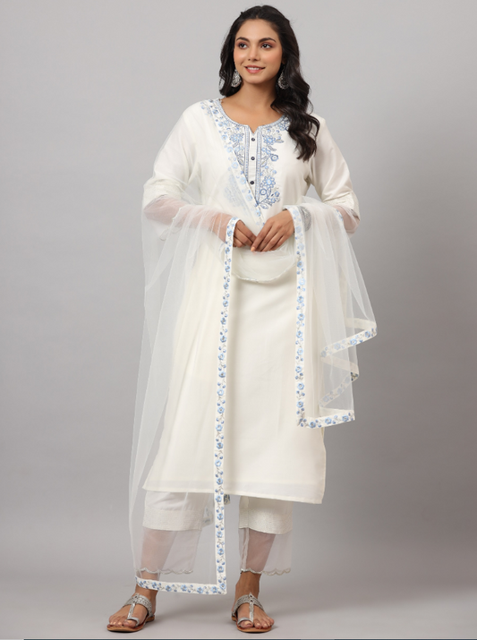Women's White CHINON Solid Embroidered Kurta Set