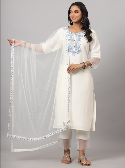 Women's White CHINON Solid Embroidered Kurta Set