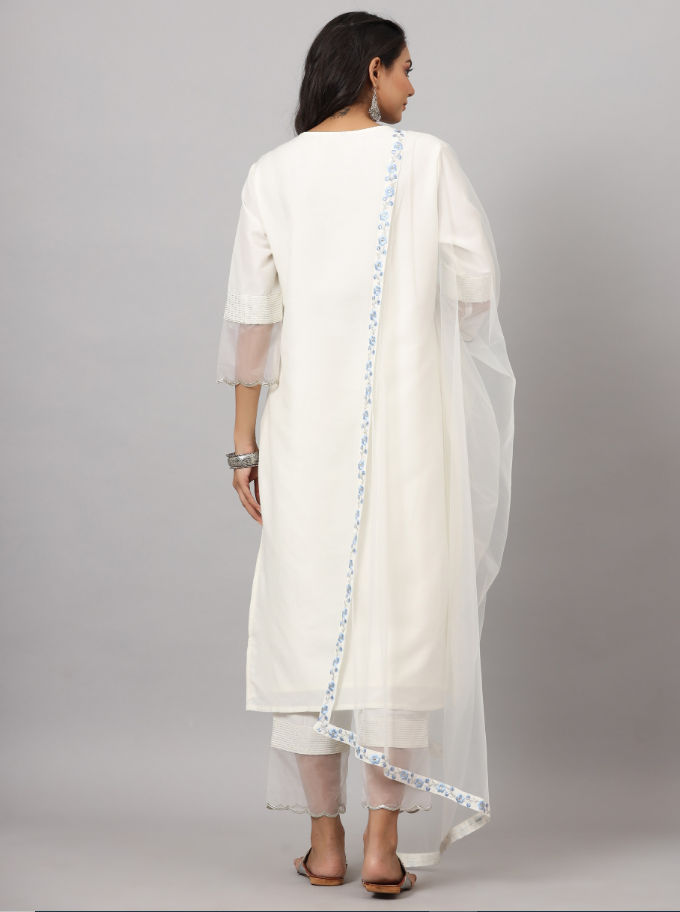 Women's White CHINON Solid Embroidered Kurta Set