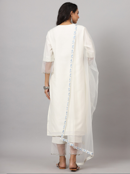 Women's White CHINON Solid Embroidered Kurta Set