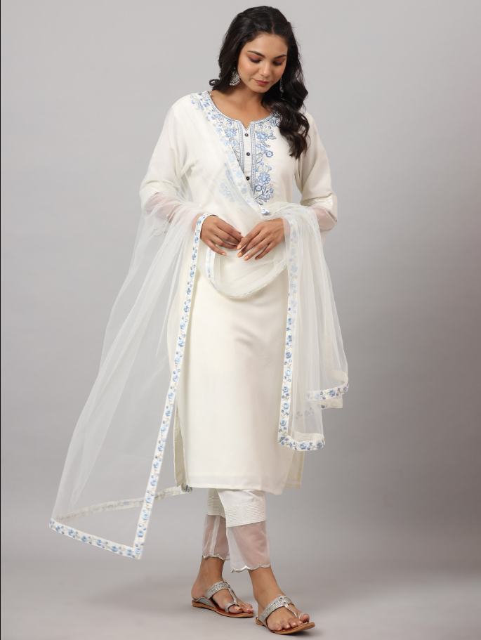 Women's White CHINON Solid Embroidered Kurta Set